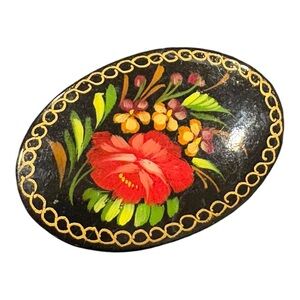 Aleutii Hand Painted Floral Oval Brooch Black Gold Russian Style Folk Art J24
